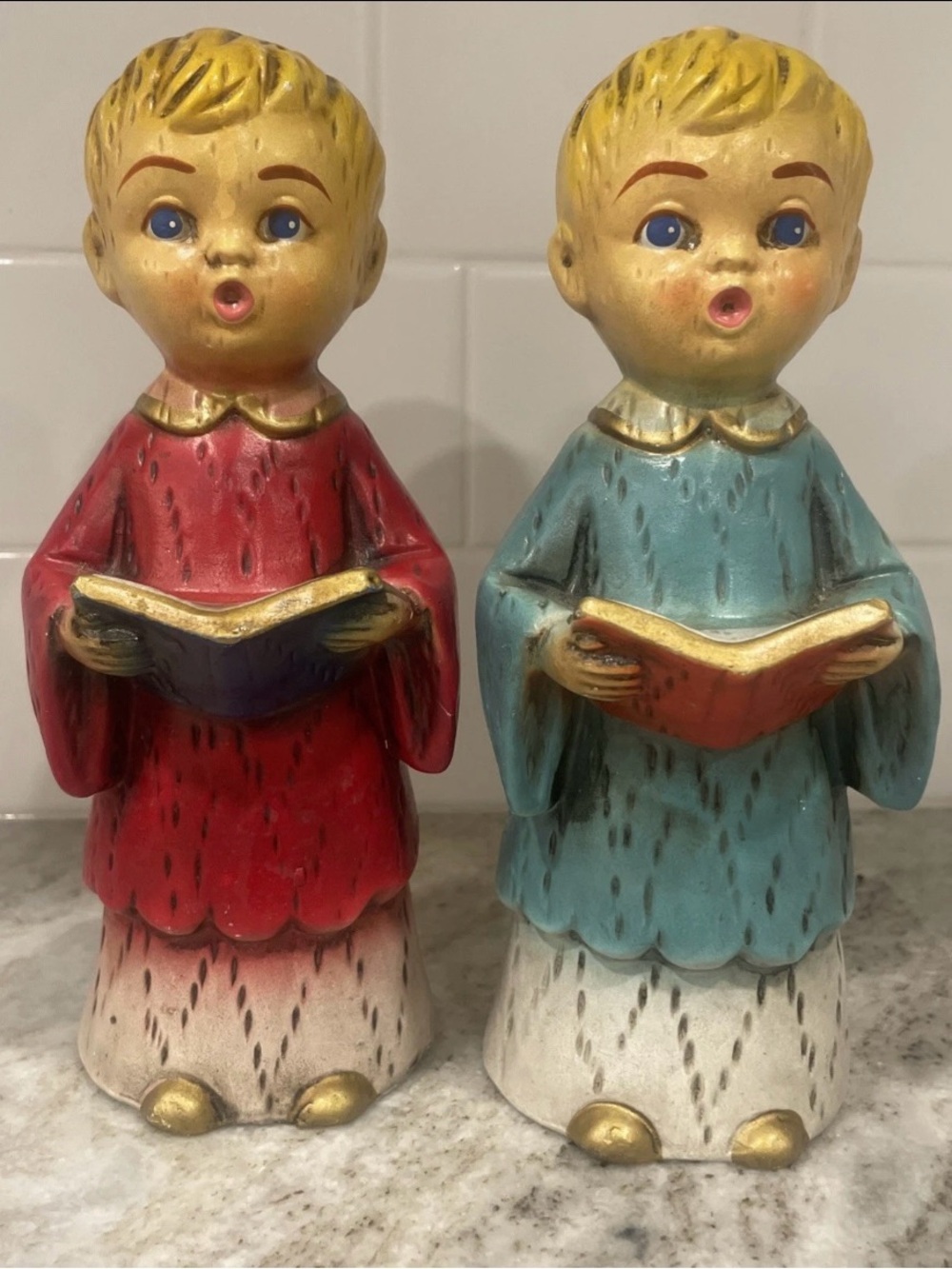 Vintage Christmas Choir Boys Paper Mache Figures 2  Blond Blue Eyes 7.5" 1955